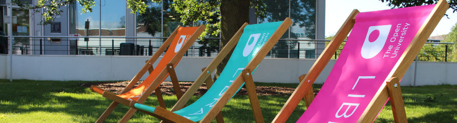 Colourful deckchairs outside the library building