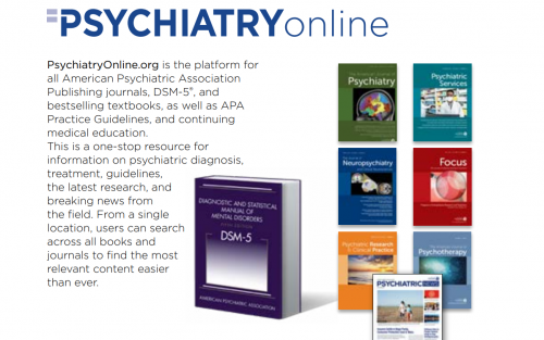 A picture of various journals that are featured on PsychiatryOnline, alongside a description of the database.