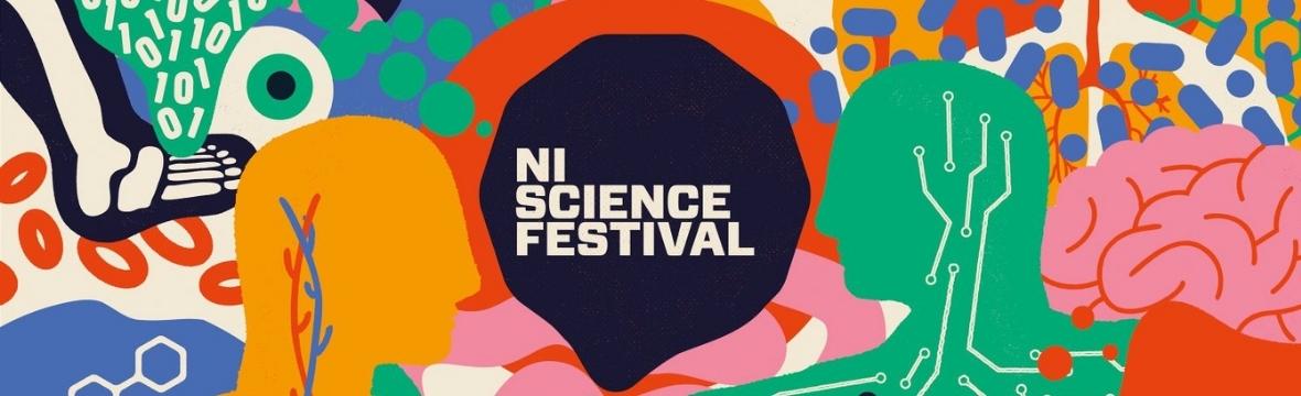 A collage of bright colours and illustrations relevant to science with the Northern Ireland Science Festival logo in the middle
