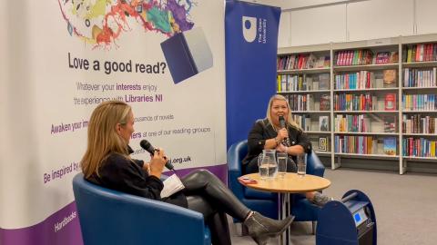 Cate Conway (left) interviewing Lessa Harker (right) at Belfast Central Library.