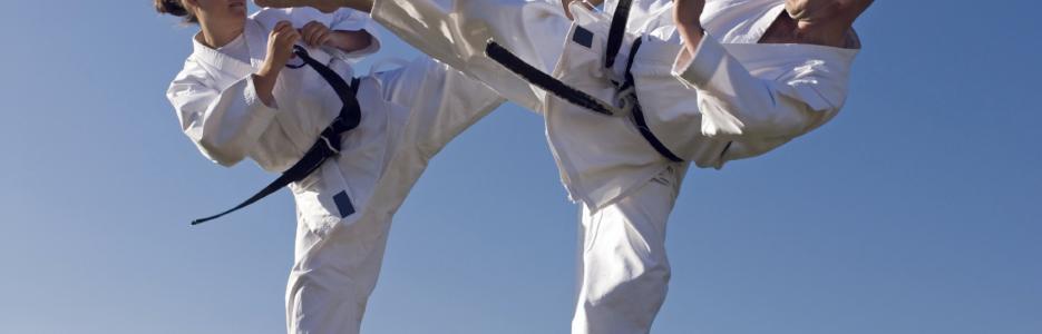 Male and female performing Karate kicks