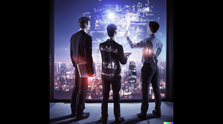 Three people standing looking out of a window with a city background using a digital technology hologram 