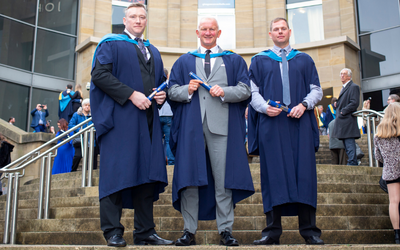  Ben Carlin, Scott Beaton and Carl Connors photographed on the steps of the Royal Glasgow Concert Hall for our Degree Ceremony 2022