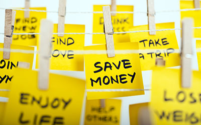 Adhesive notes with resolutions - Save money, enjoy life, take a trip