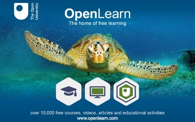 Photo of a turtle swimming underwater and the words 'OpenLearn, the home of free learning. Over 10,000 free courses, videos, article and educational resources. www.openlearn.com' 