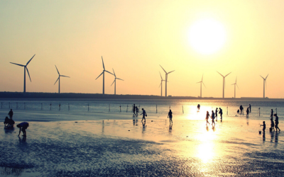 People on the seashore at sunset, with wind turbines in the background. 