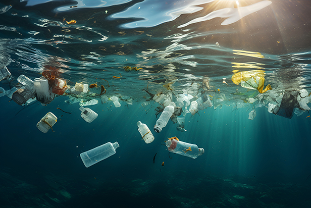 Plastic rubbish pollution in ocean environment underwater view