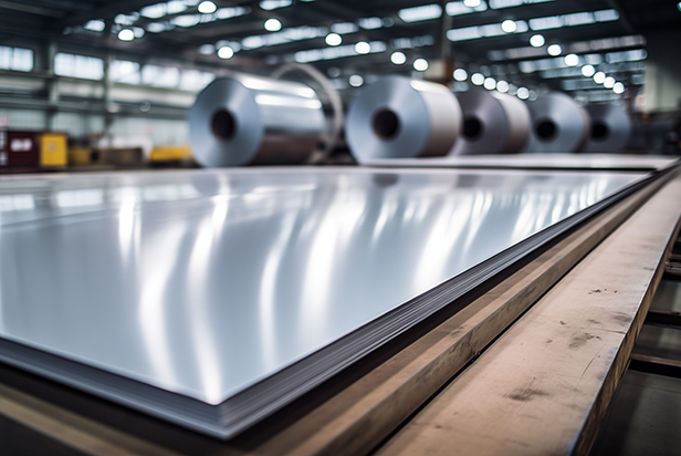 Sheet metal and rolled stainless steel in a factory or warehouse