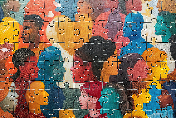 Multi colored puzzle faces with different people showing diversity and inclusion equity and belonging