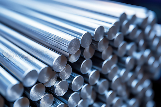 Thick aluminum rods in warehouse remelting non-ferrous or ferrous metals metallurgy manufacture of foil and metal products