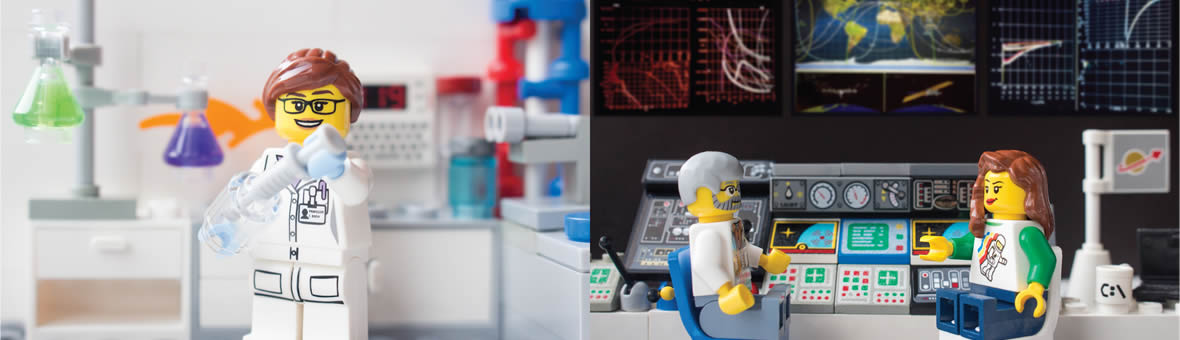 Photos of male and female 'Lego' scientist working in 'Lego' labs.
