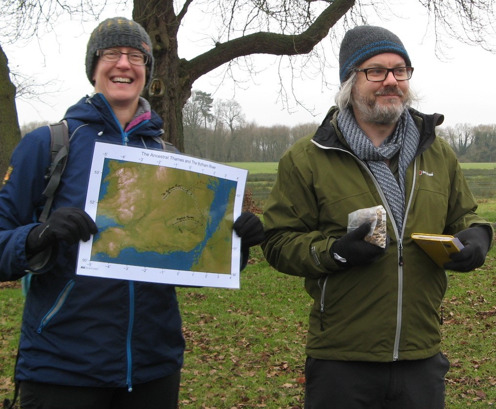 Clare shows a map of two ancient rives; Marcus shows evidence of river gravel.