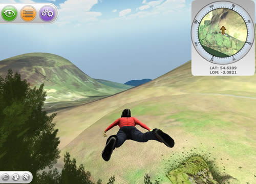 Computer image of a female human avatar flying over landscape of valleys and hills