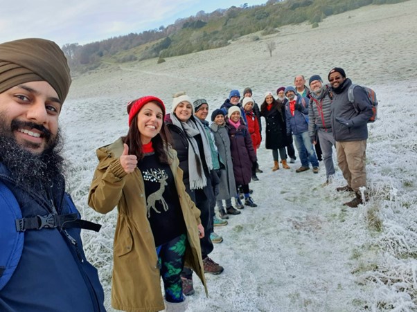 The Dadima’s walking group and OU team, hiking near Lewknor. Credit: Hardeep Singh.