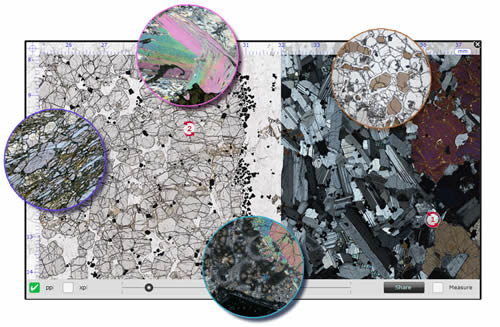 Virtual microscope showing thin sections of rocks
