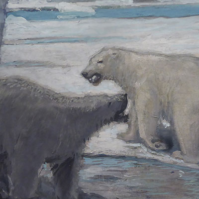 A painting of polar bears fighting